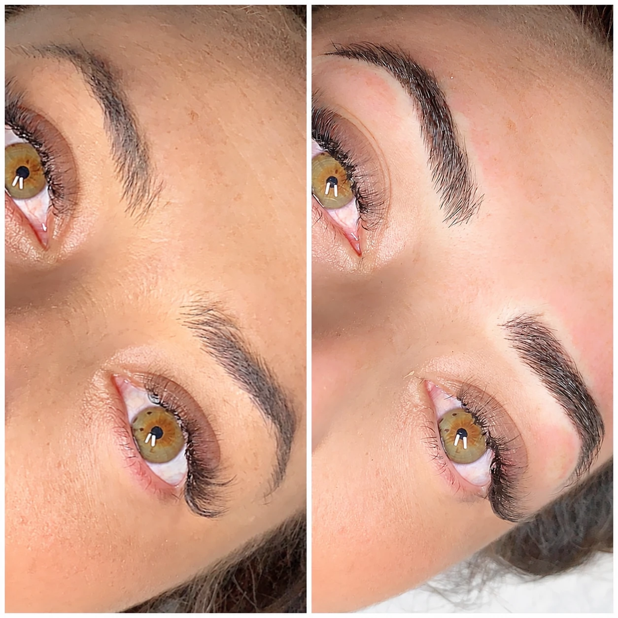 Side-by-side PMU brow before-and-after comparison