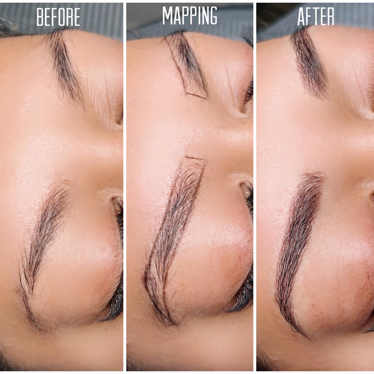 Three-panel PMU brow comparison showing before, mapping and after stages