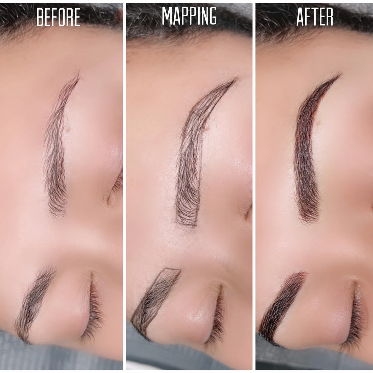 Three-panel PMU brow comparison showing before, mapping and after stages