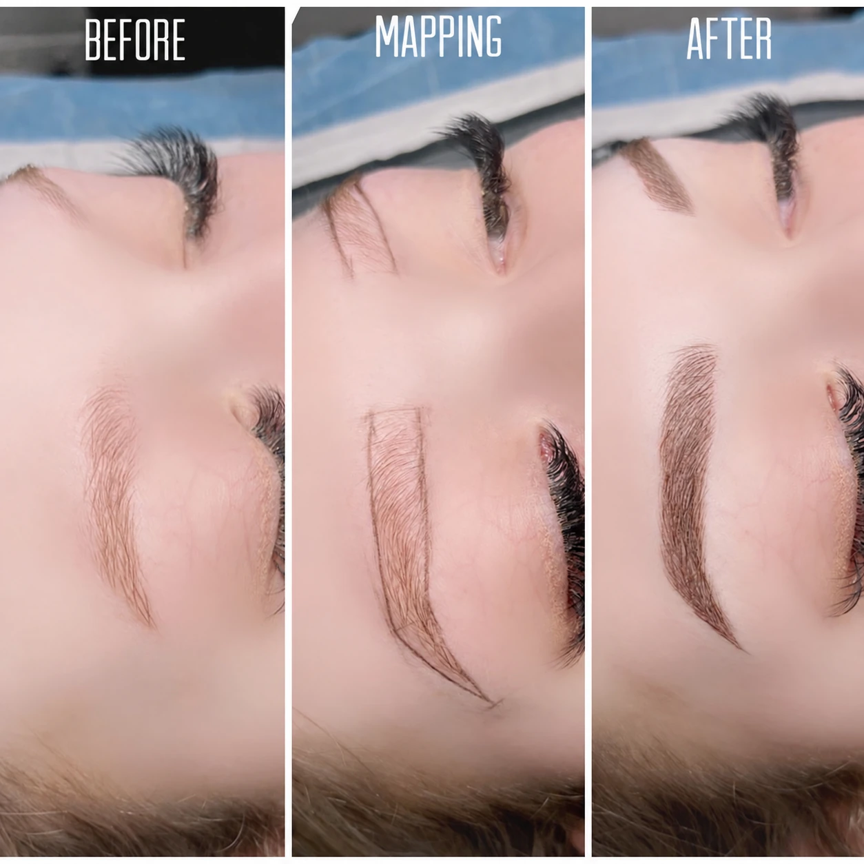 Three-panel PMU brow comparison showing before, mapping and after stages