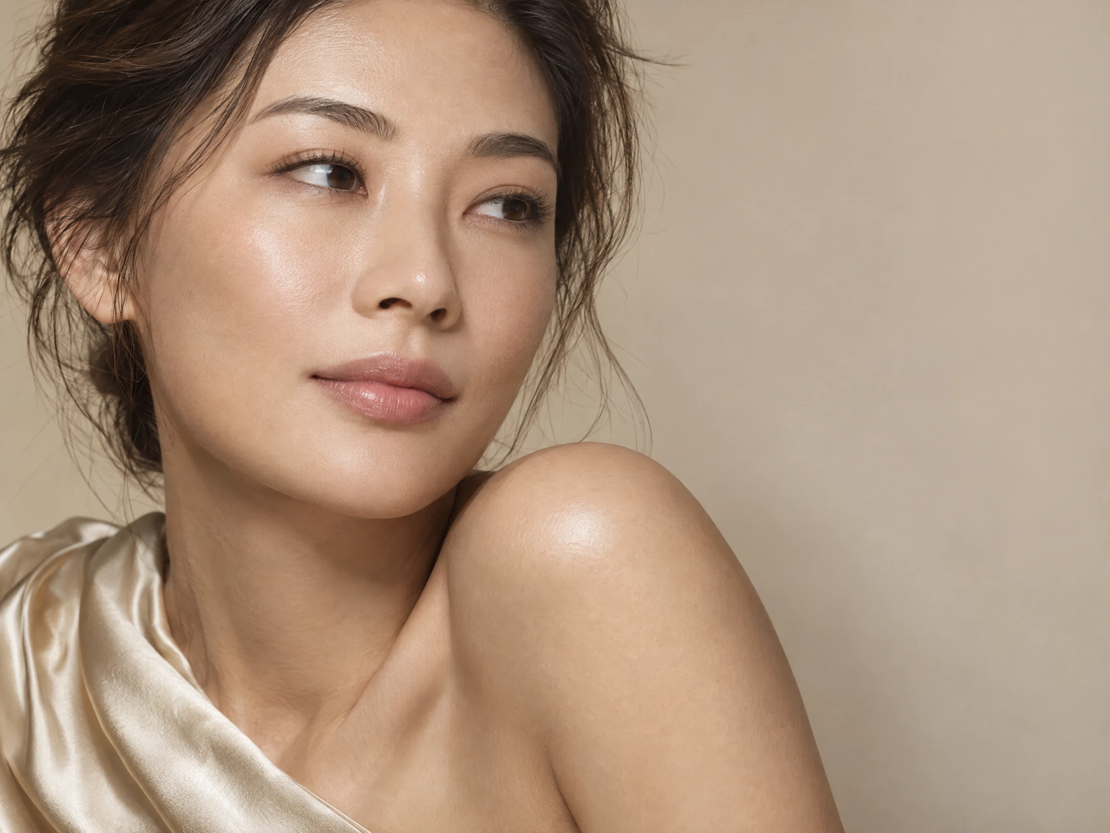 Close-up portrait of a model in a softly lit studio