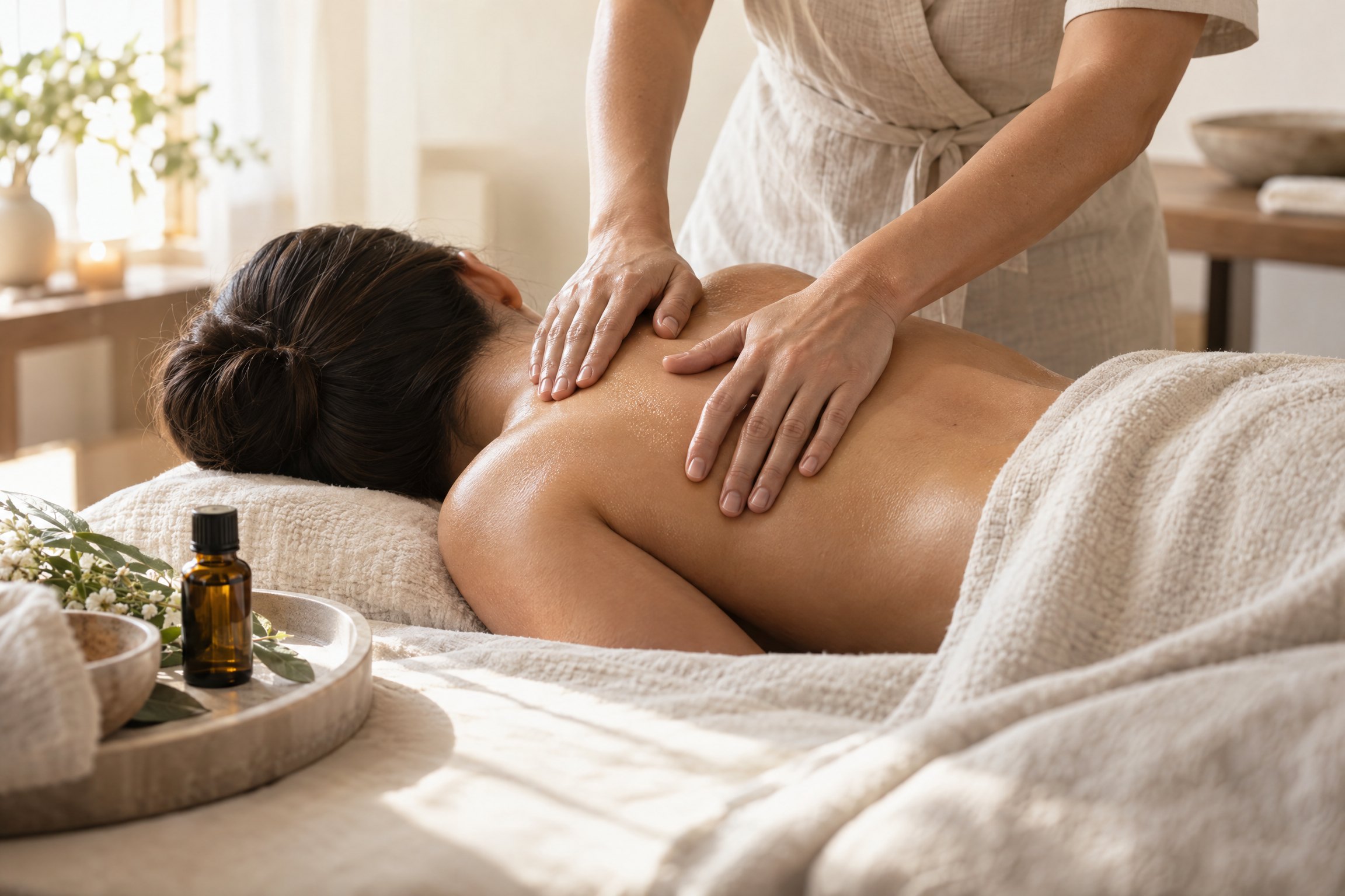 Therapist offering a gentle back and neck aromatherapy treatment