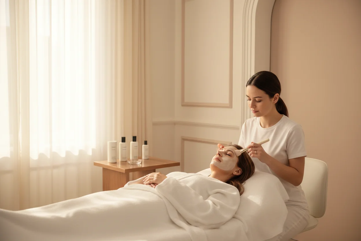 Client receiving a gentle facial in a bright treatment room