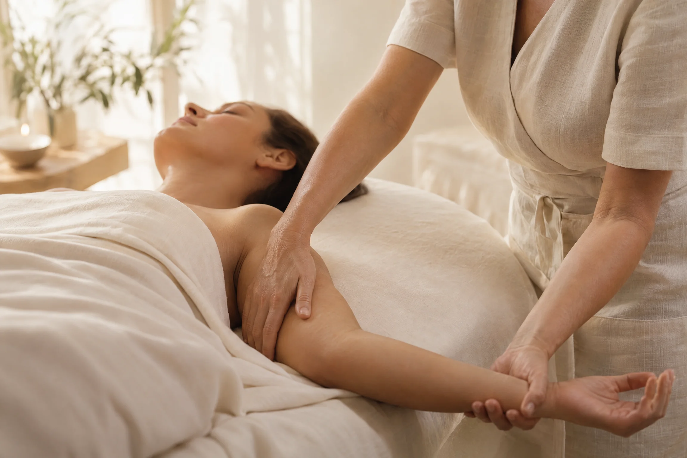 Therapist offers gentle, respectful bodywork in a tranquil room