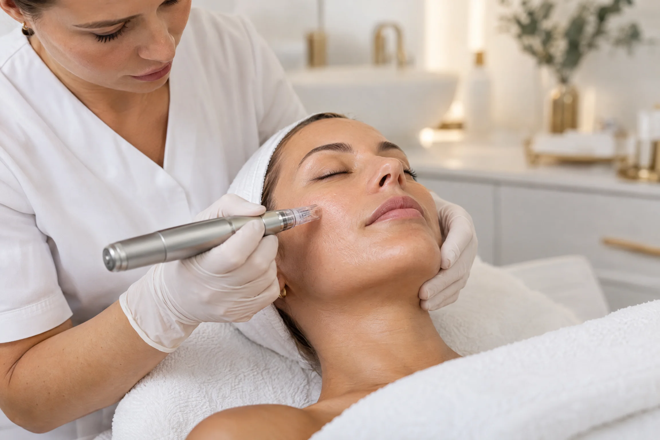 Practitioner provides a microneedling treatment in a calm clinic