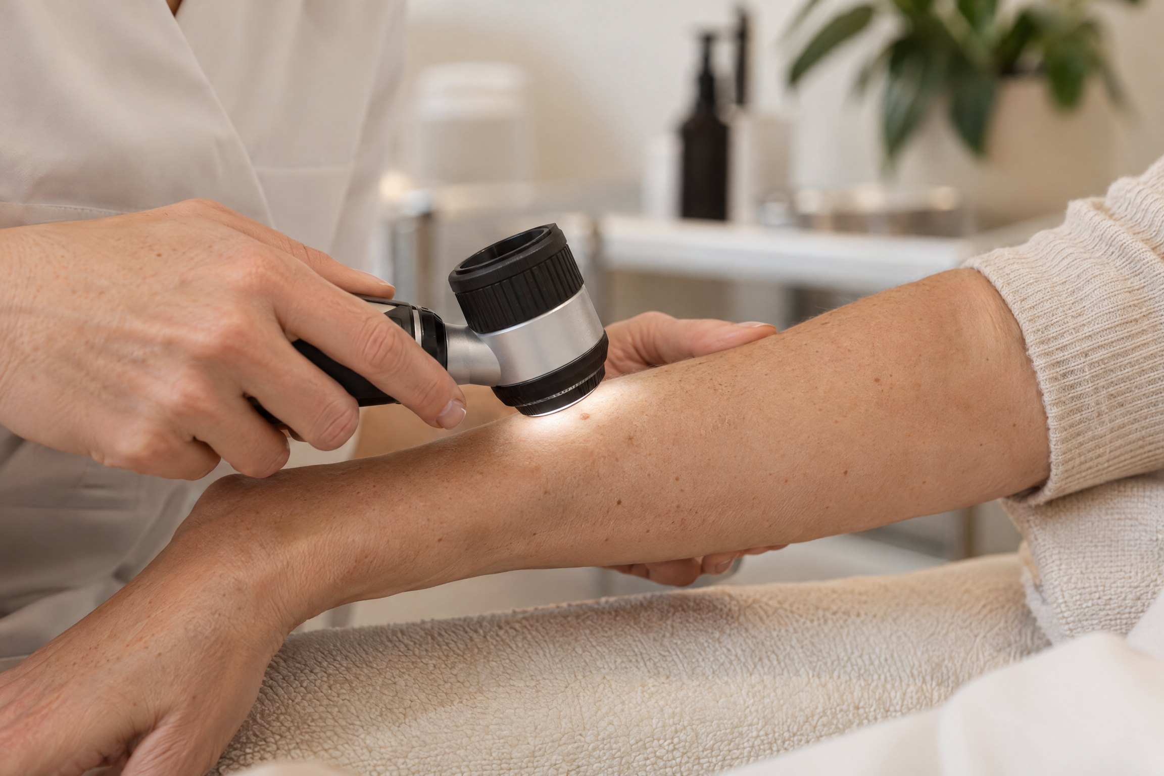 Practitioner discussing a skin spot with a client using a dermatoscope