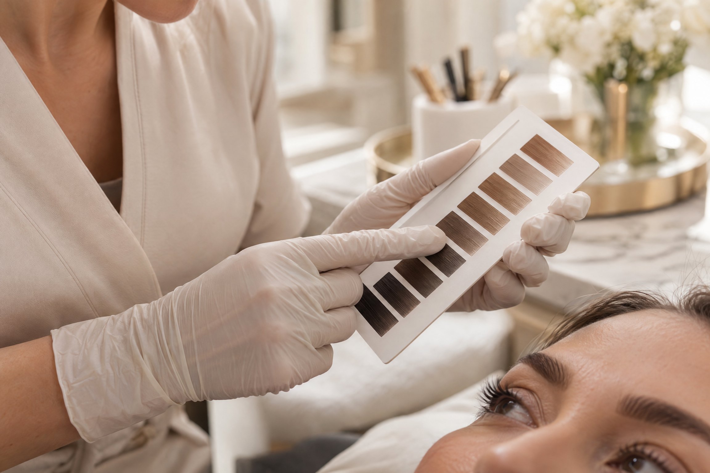 PMU artist reviewing brow pigment tones during a consultation