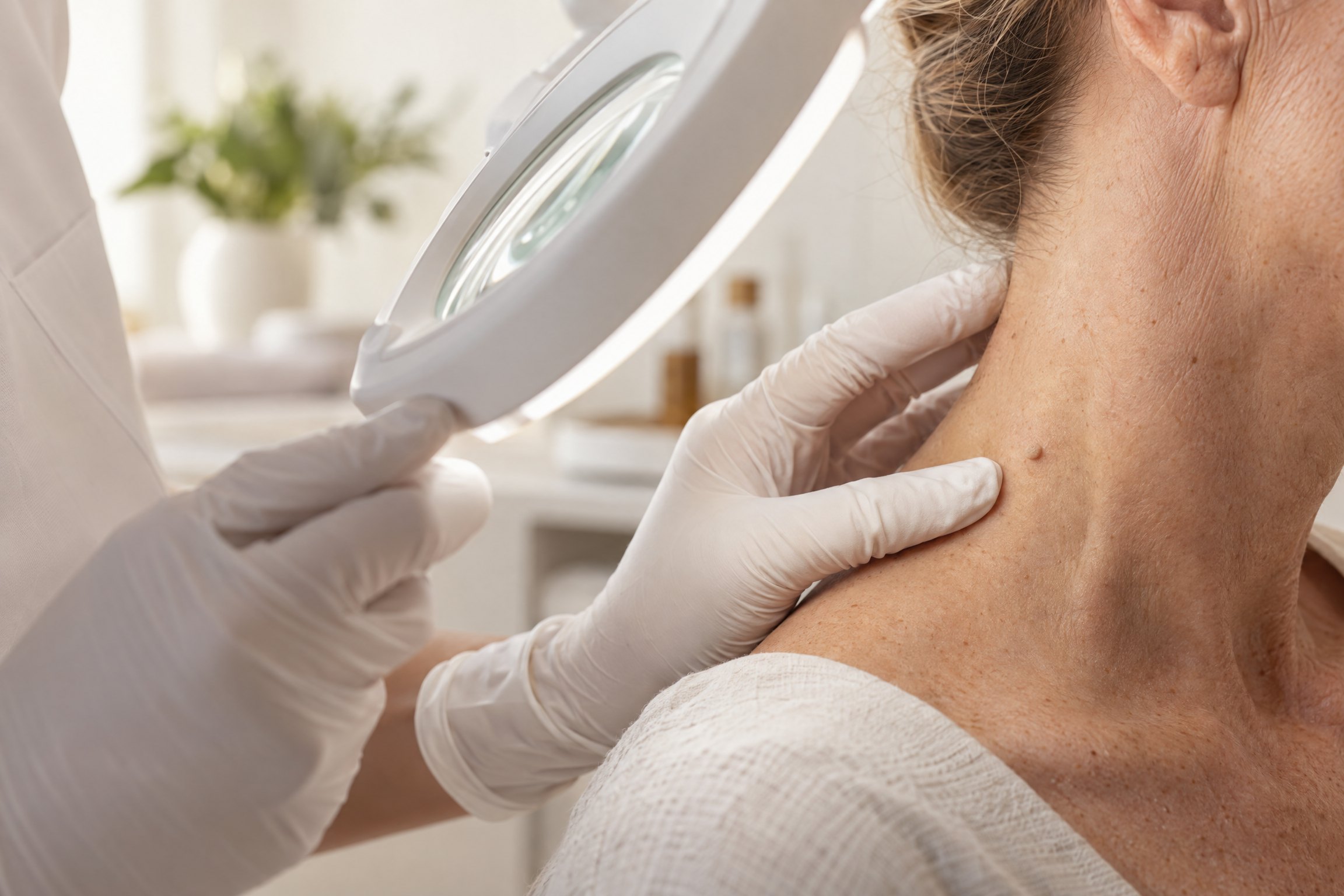 Practitioner examining a small skin tag during an initial consultation
